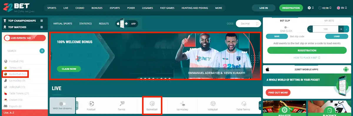 NCAAB 22Bet Welcome Bonus Screenshot